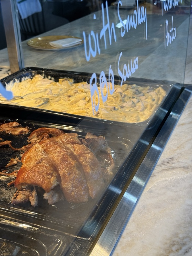 Roast pork with crackling and chicken mushroom pasta
